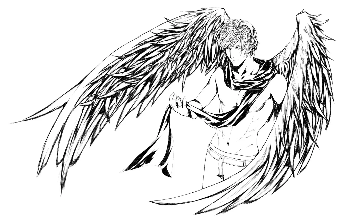 Фото обои черно-белый, крылья, шарф, Ангел, парень