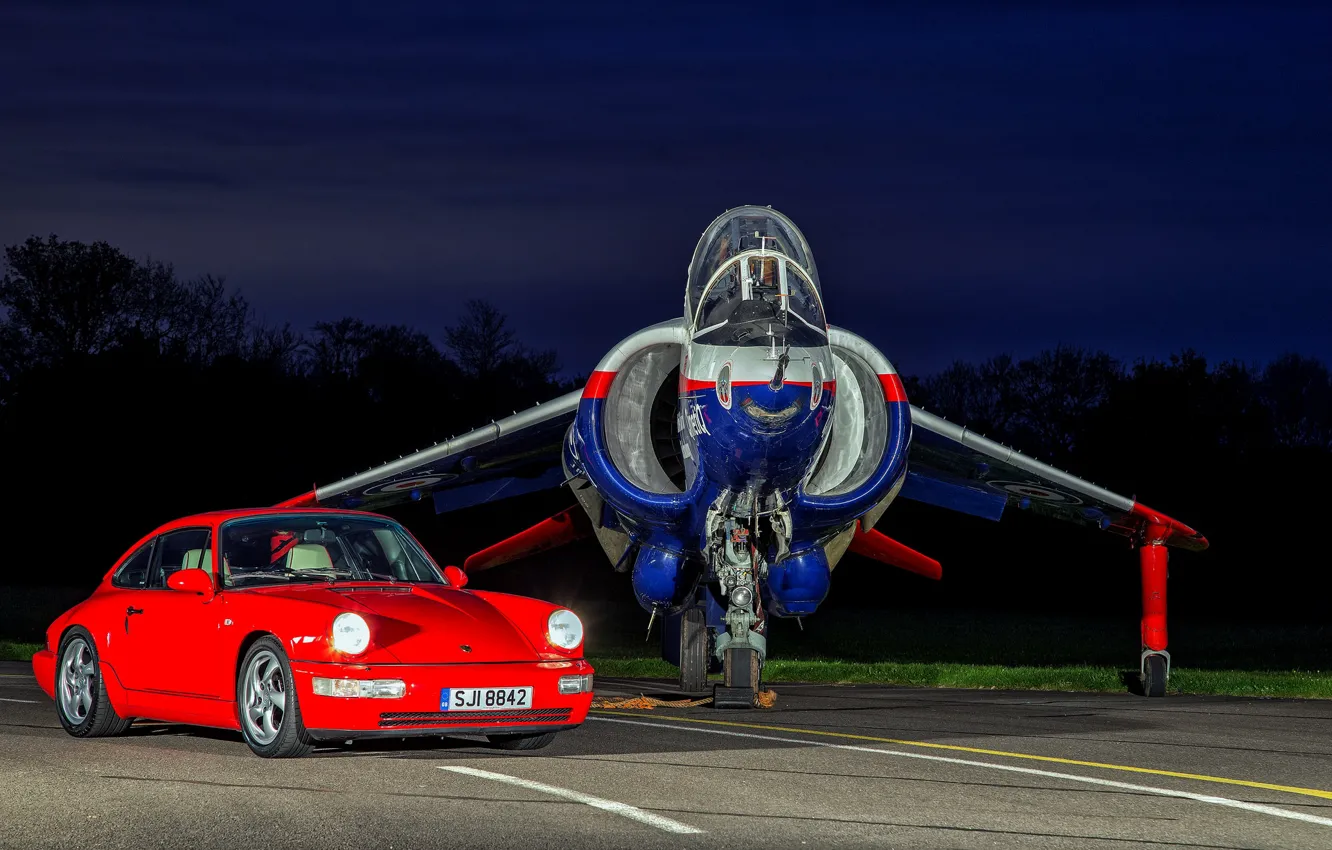 Фото обои авто, вечер, Porsche, истребитель, аэродром