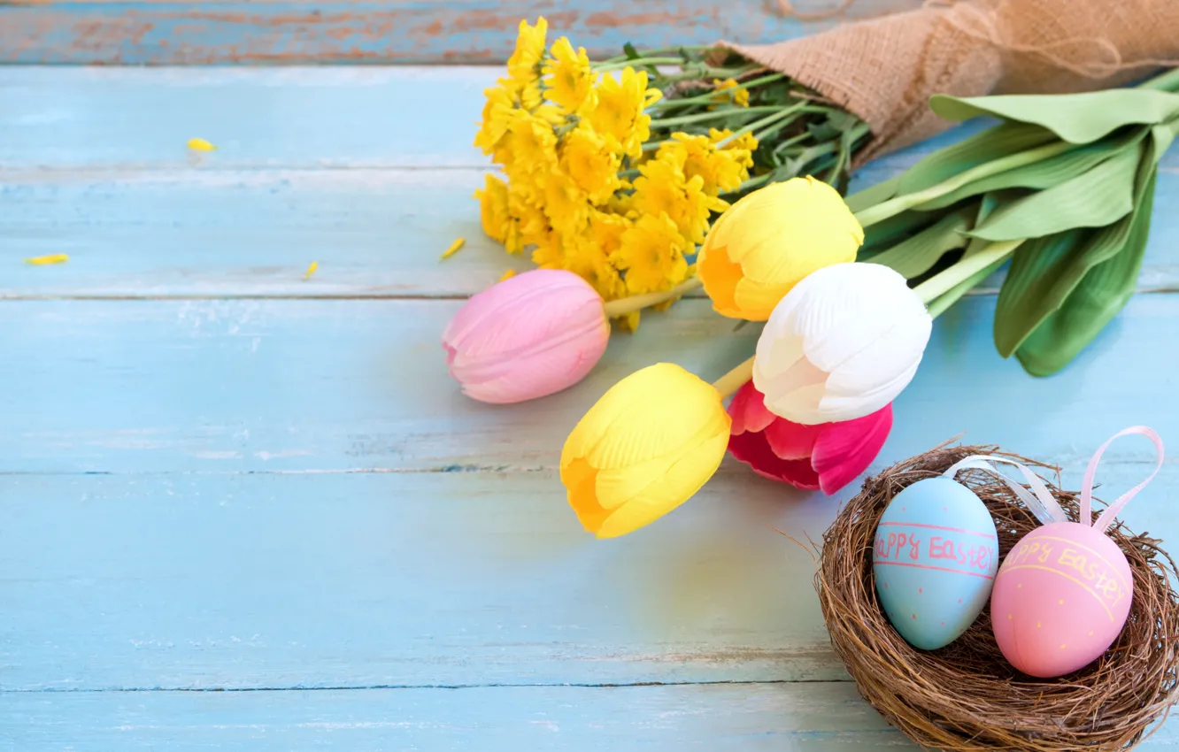 Фото обои цветы, праздник, яйца, весна, пасха, гнездо