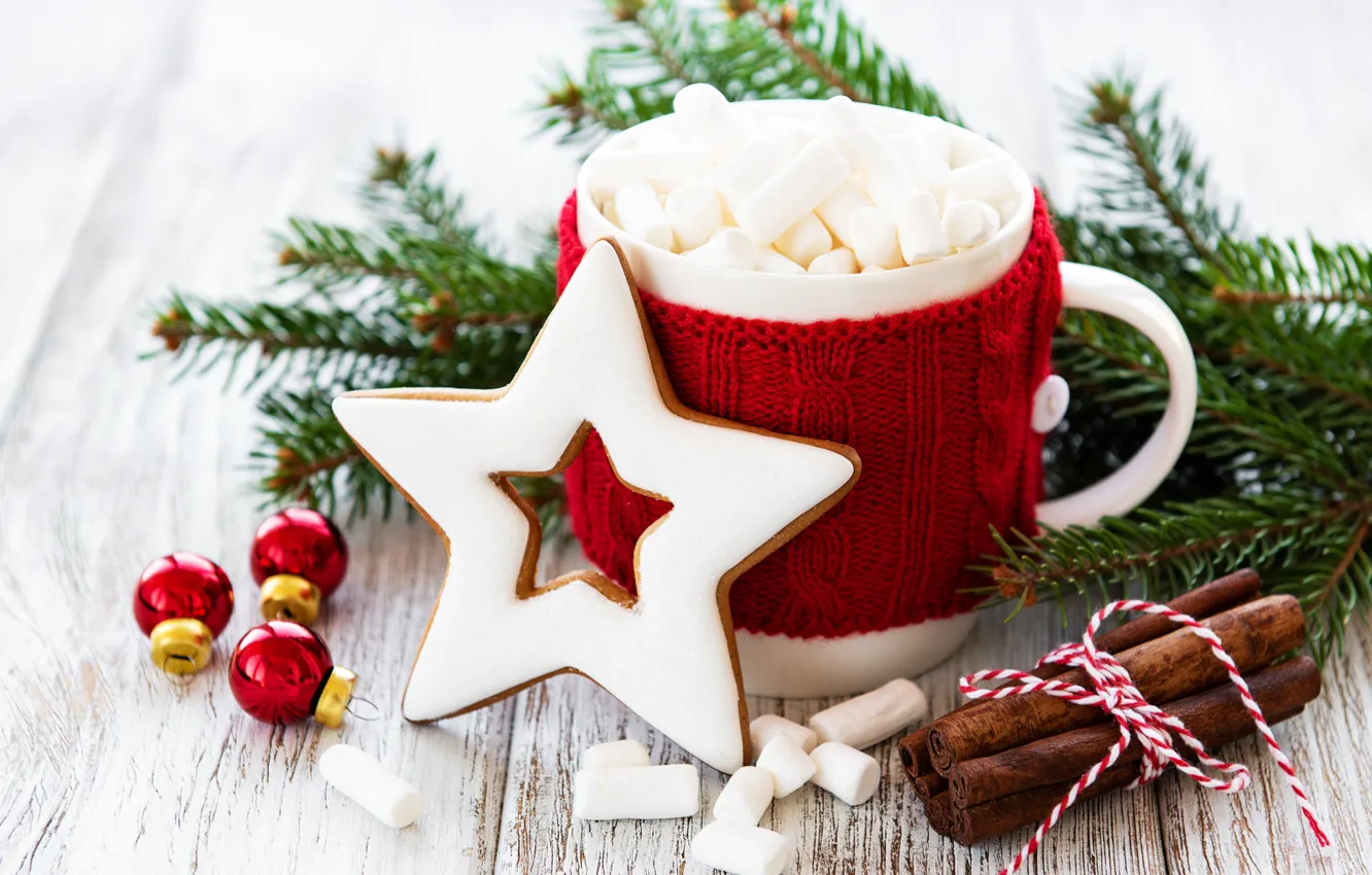 Фото обои украшения, Новый Год, Рождество, christmas, wood, cup, merry, какао