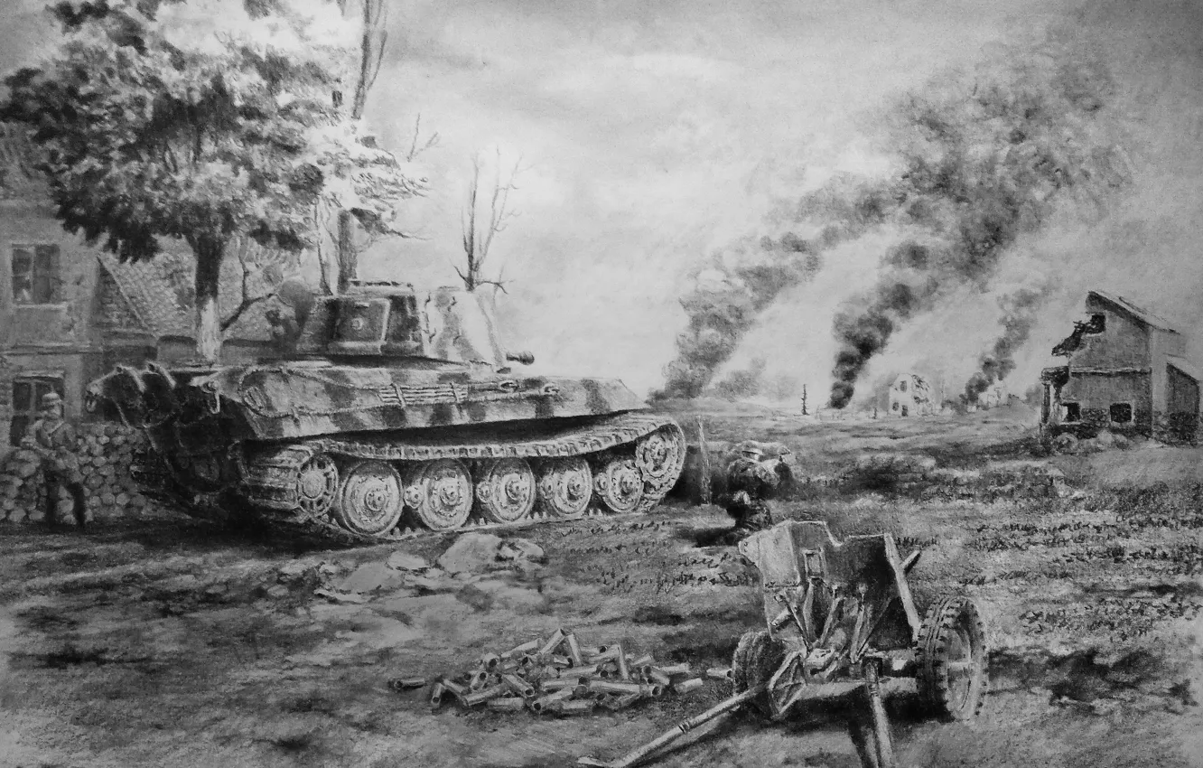 Фото обои война, деревня, солдаты, танк, карандаш, пушка, немцы