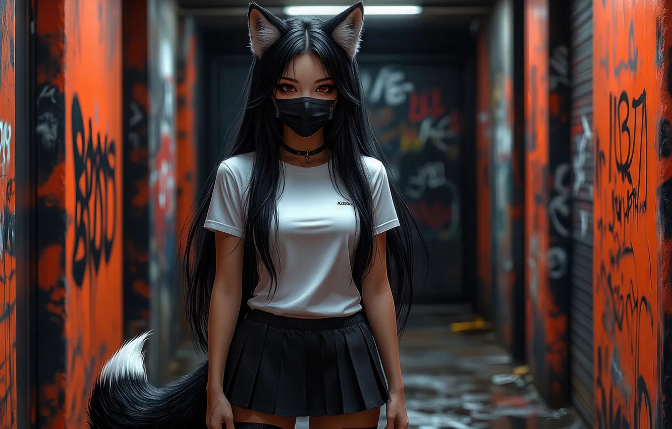 Фото обои girl, brunette, mask, ai art