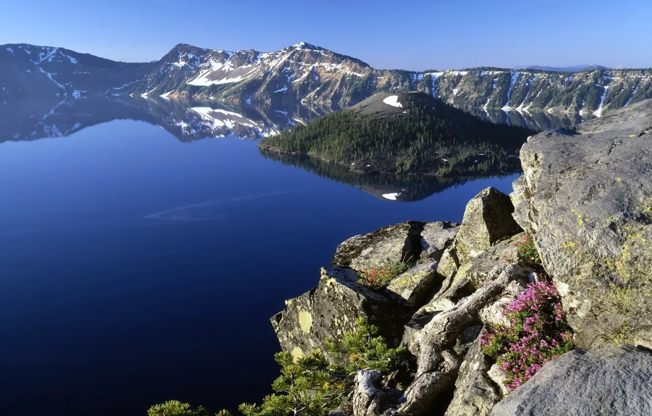 Фото обои горы, скала, озеро, синева, лазурь, landscape