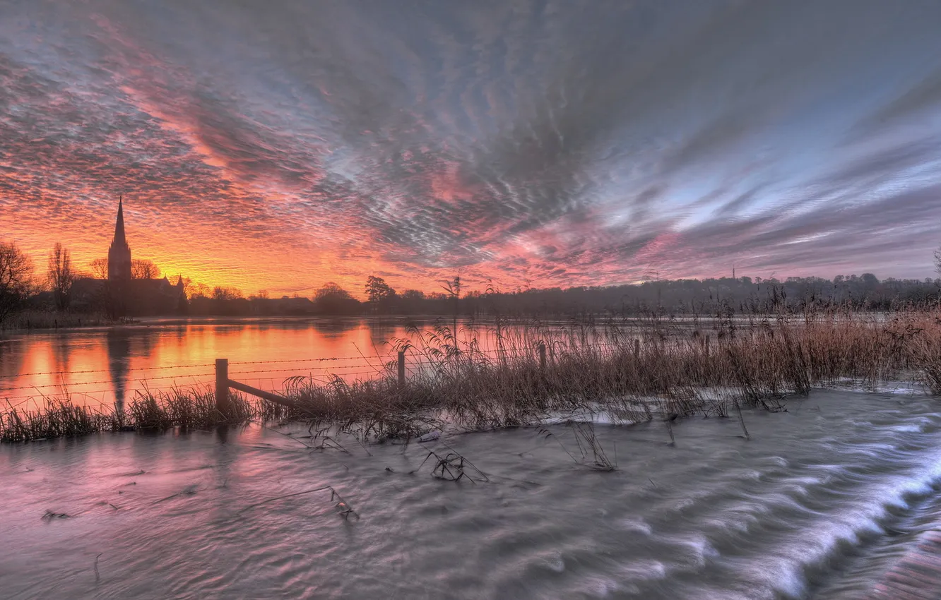 Фото обои sunrise, Wiltshire, Salisbury, floods, Salisbury Cathedral