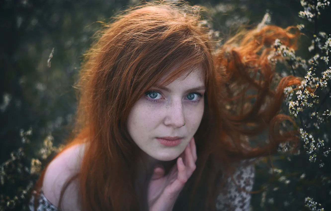 Фото обои взгляд, девушка, лицо, портрет, рыжая, рыжеволосая, длинные волосы