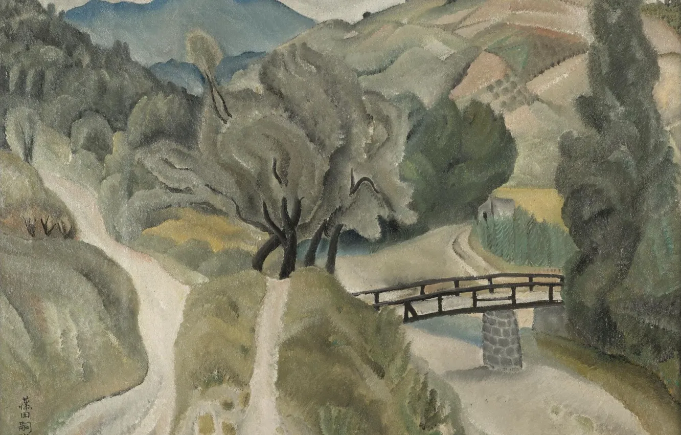 Фото обои деревья, мост, река, холмы, Пейзаж, 1918, тропы, Цугухару