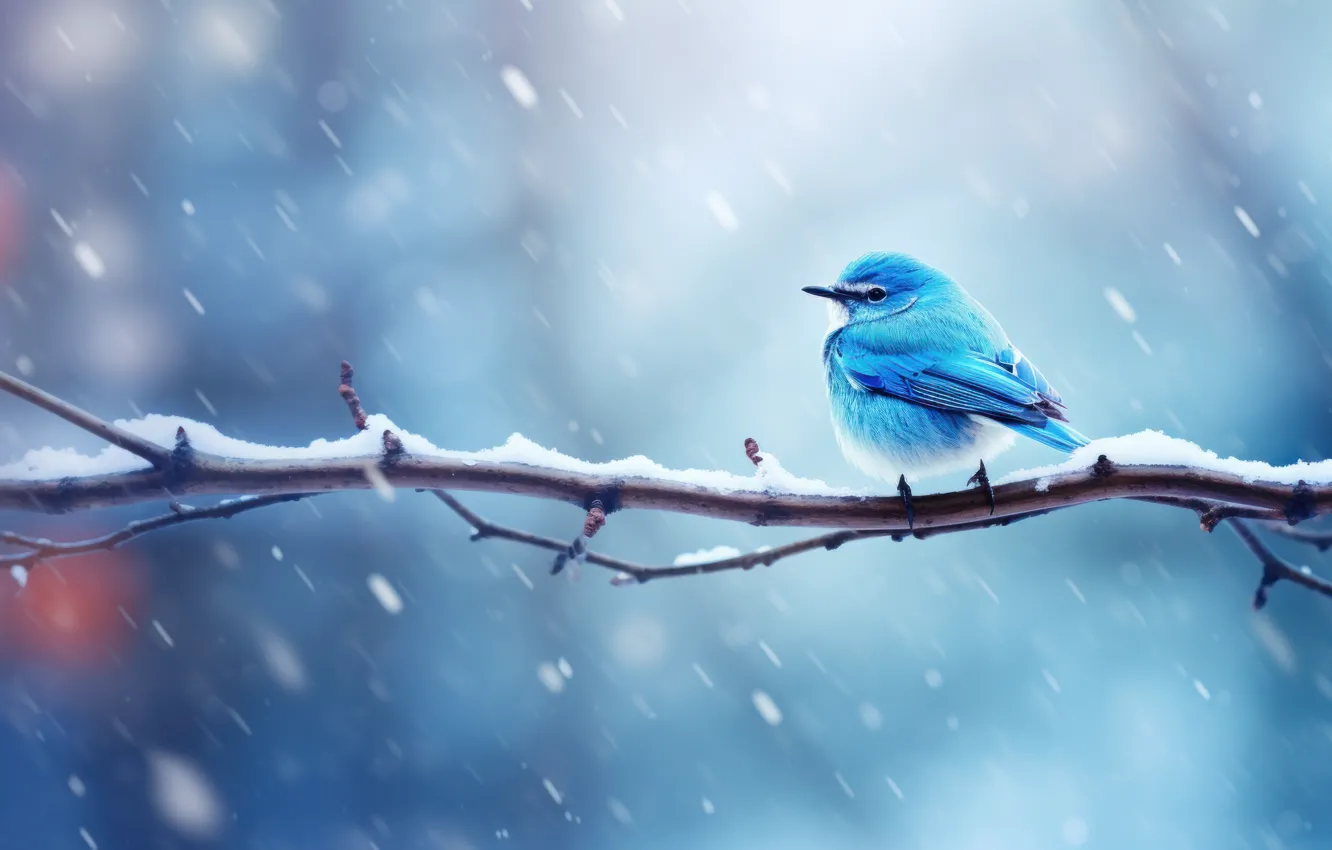 Фото обои зима, снег, птица, ветка, птичка, горная, голубая сиалия, ИИ-арт