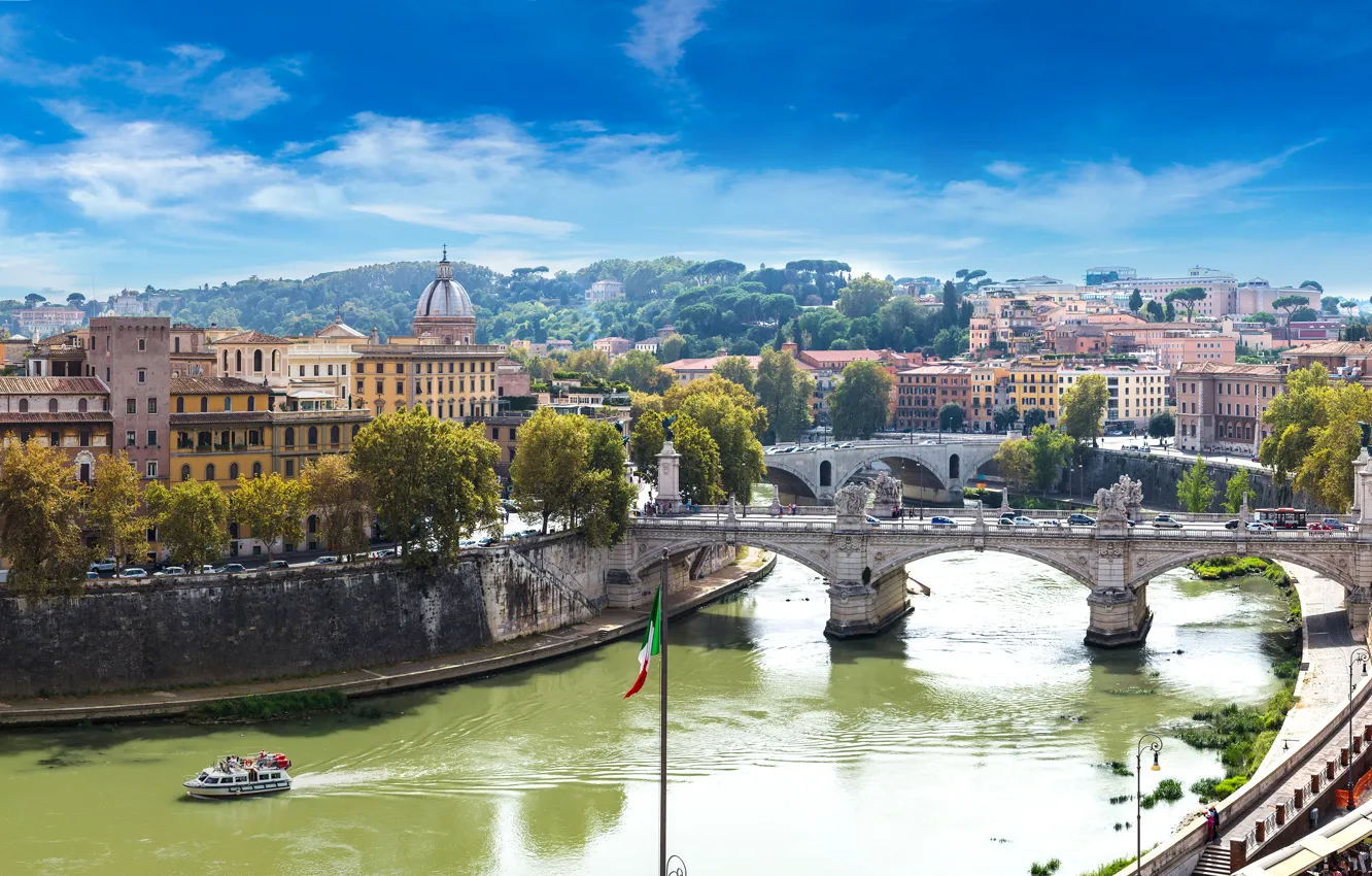 Фото обои Дома, Город, Панорама, Рим, Италия, Реки, Мосты