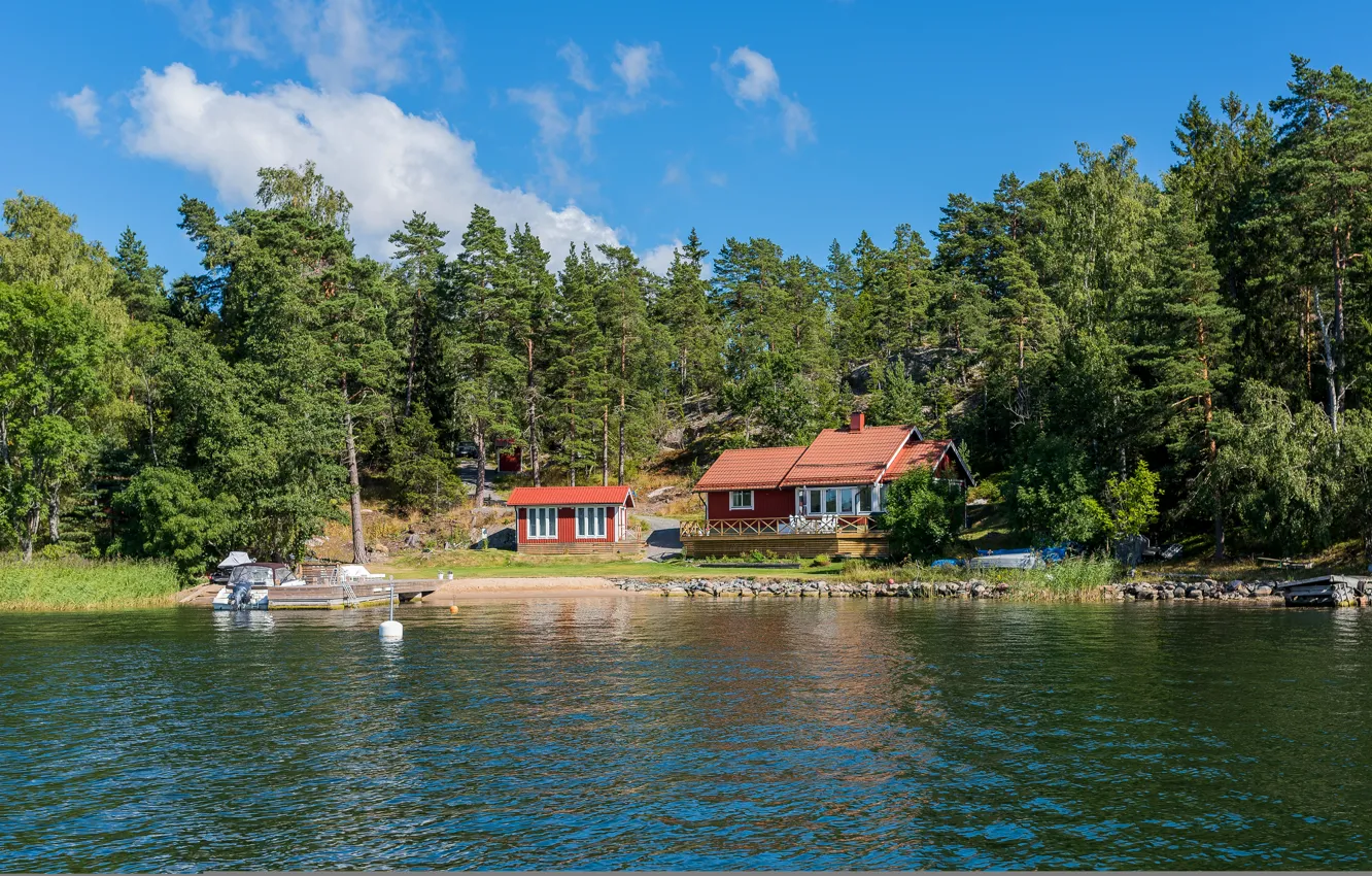 Фото обои лес, деревья, дом, река, камни, берег, лодка, Stockholms