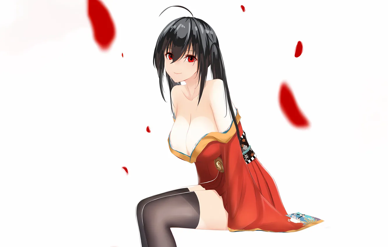 Фото обои girl, sexy, yukata, cleavage, thighhighs, long hair, boobs, anime