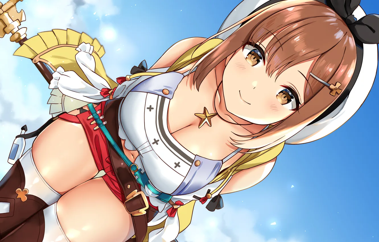 Фото обои girl, sexy, cleavage, shorts, blouse, thighhighs, sky, brown hair