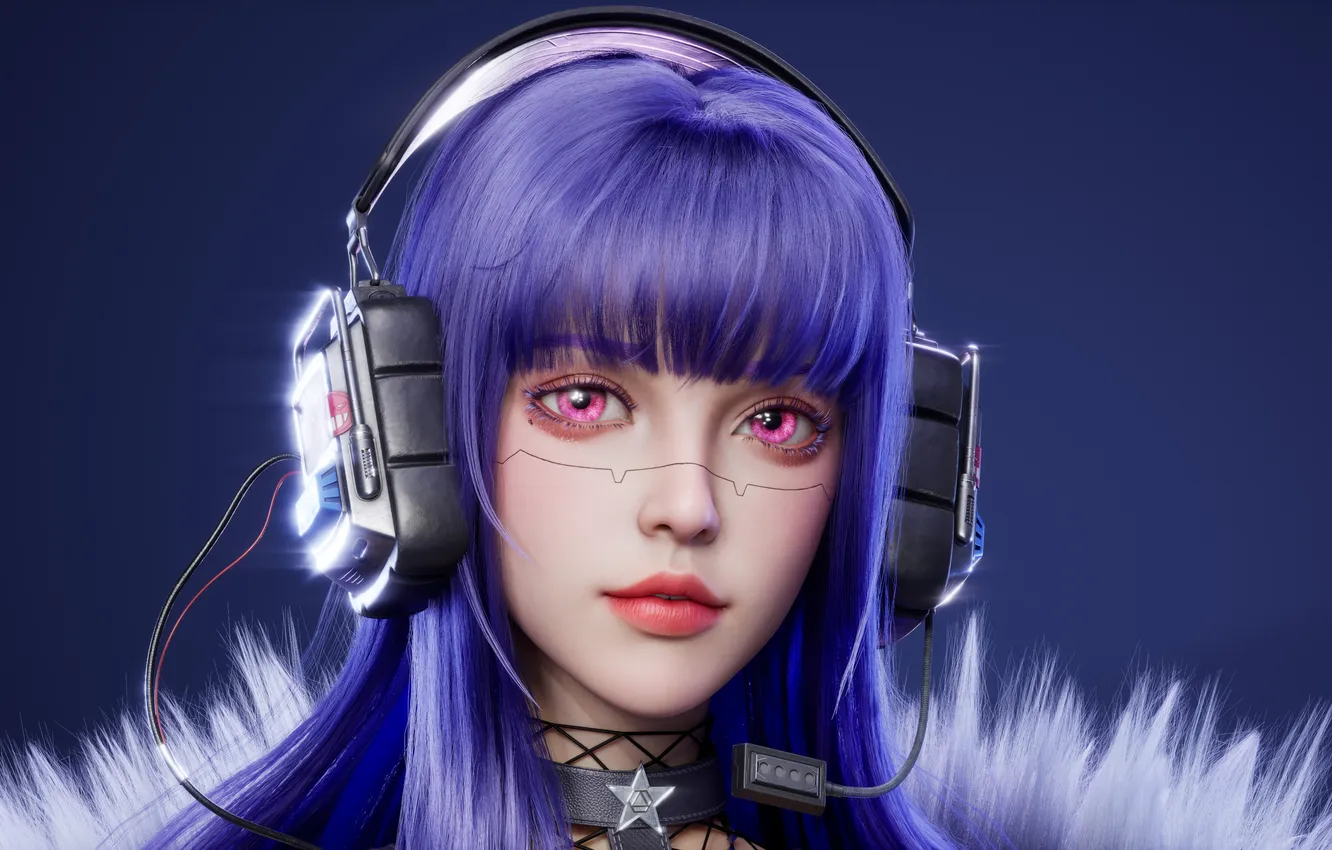Фото обои headphones, women, portrait, CGI, blue hair, Bian Jianbin