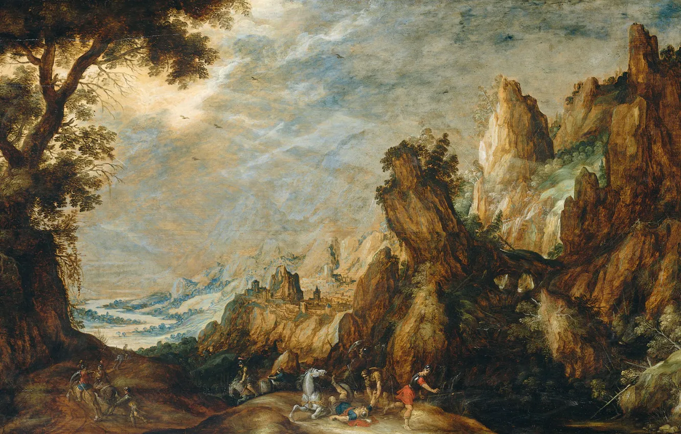Фото обои дерево, масло, картина, мифология, Пейзаж с Обращением Савла, Kerstiaen de Keuninck