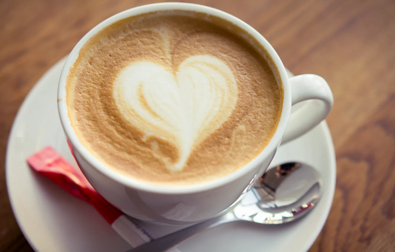 Фото обои пена, сердце, кофе, ложка, чашка, сахар, капучино