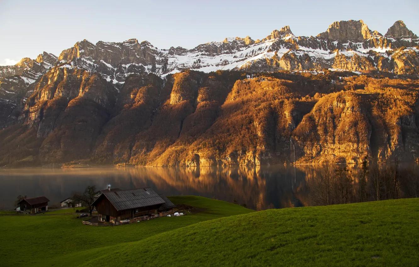 Фото обои трава, деревья, горы, озеро, камни, скалы, берег, Швейцария