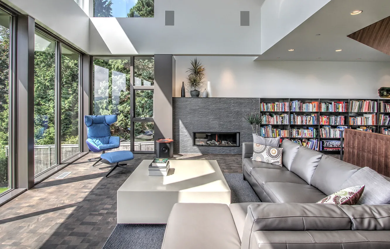 Фото обои вилла, интерьер, камин, библиотека, гостиная, by Floisand Studio, Teh House