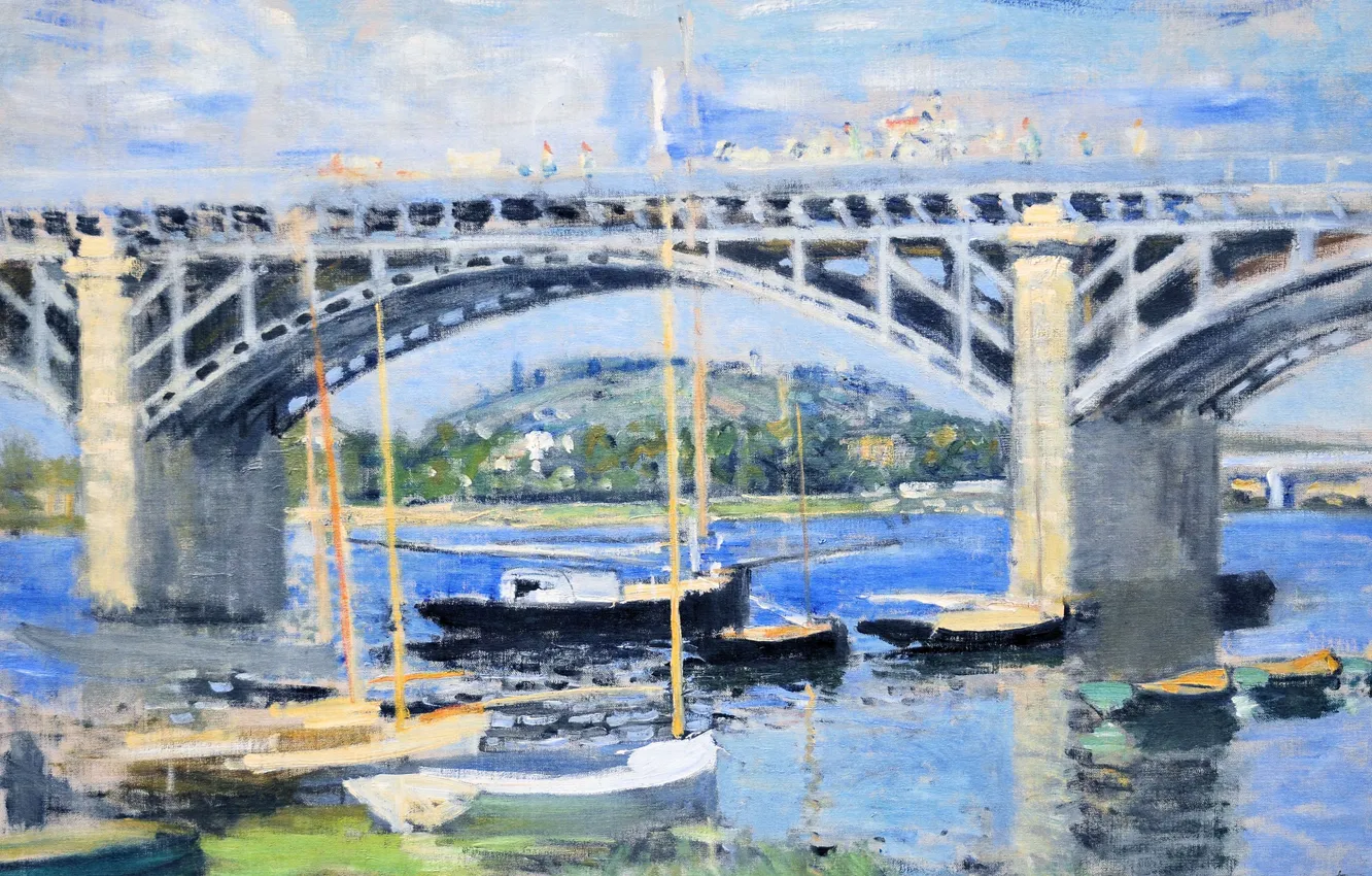 Фото обои пейзаж, река, картина, лодки, Клод Моне, Мост через Сену