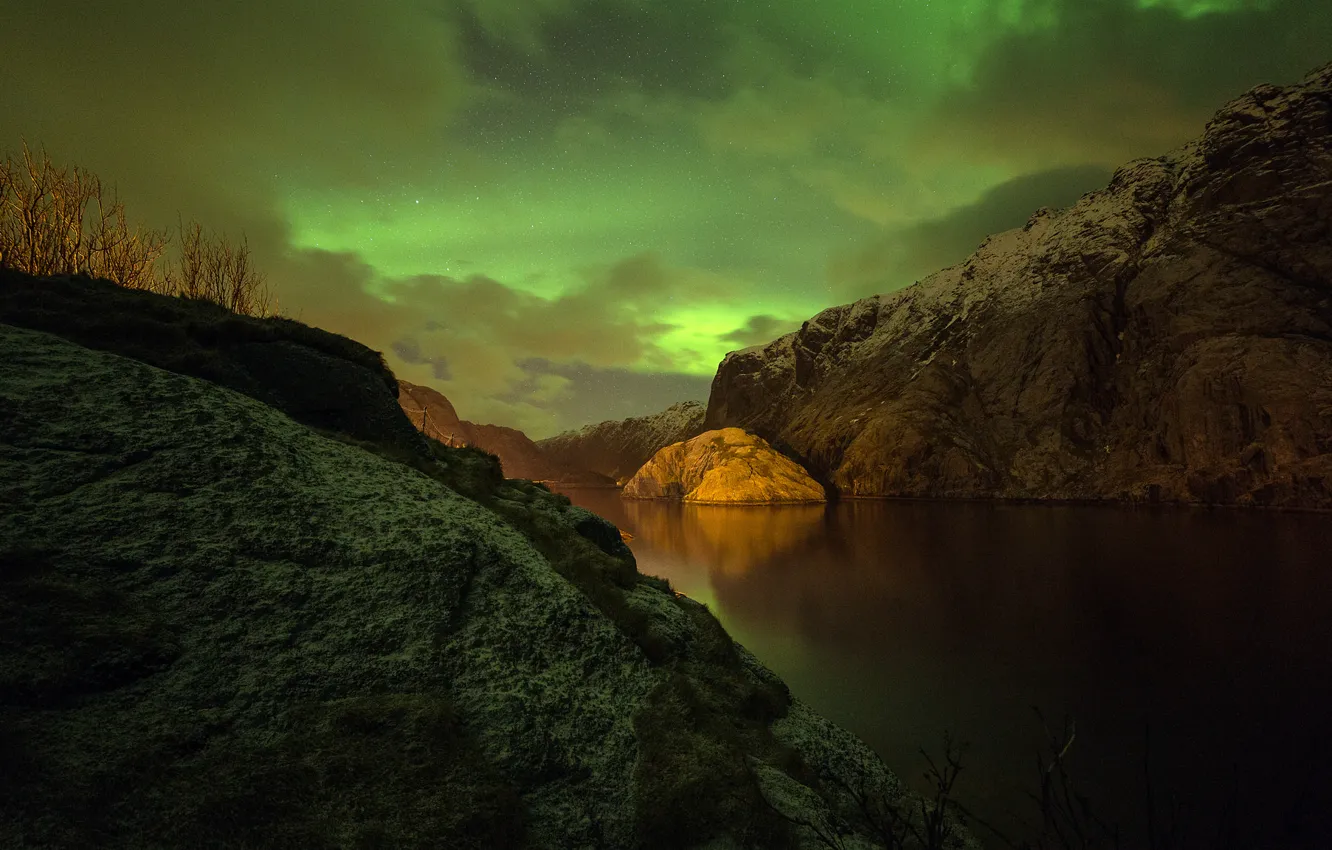 Фото обои ночь, северное сияние, Норвегия, Остров Brattholme