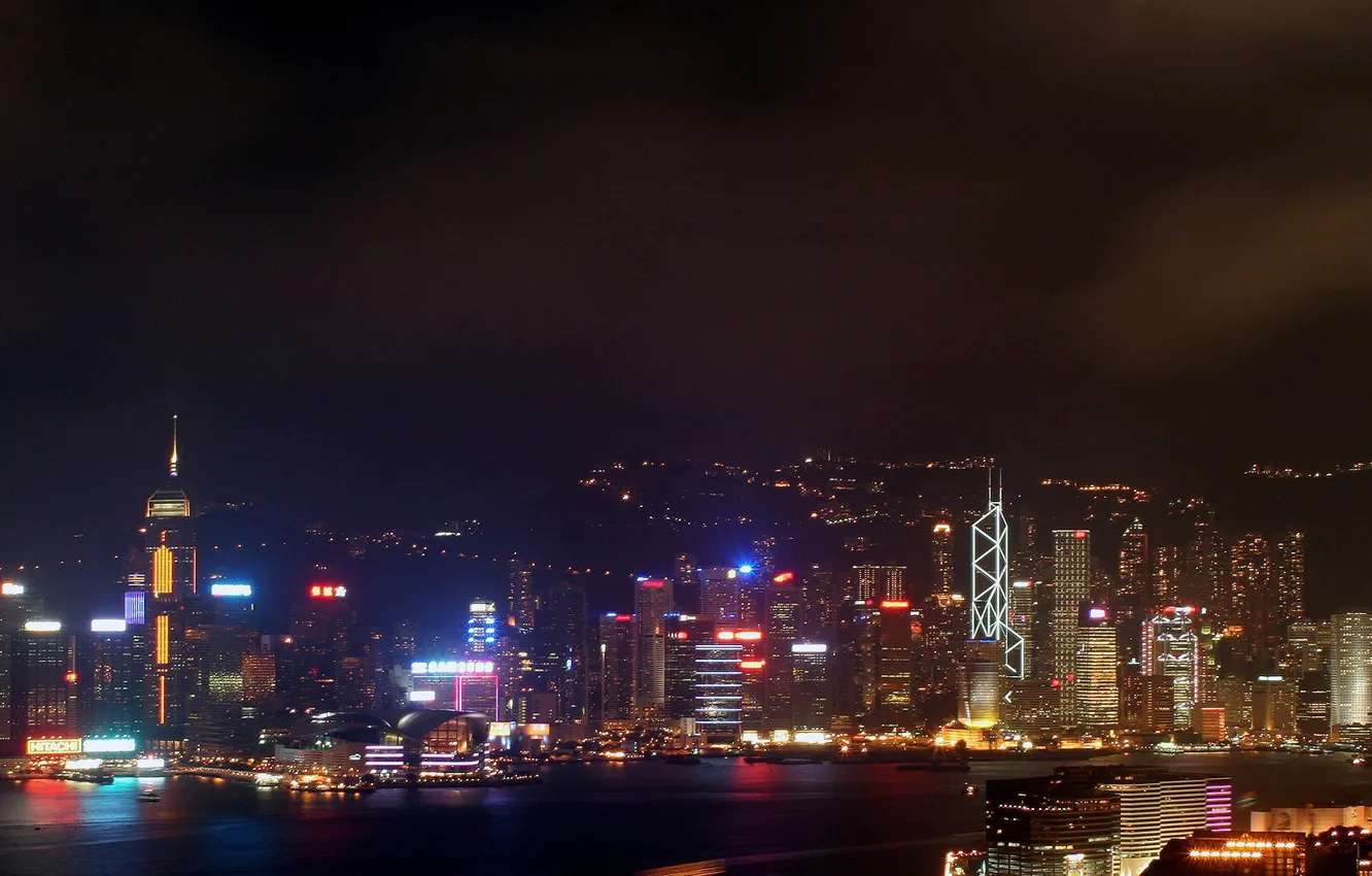 Фото обои ночь, Гонконг, небоскребы, Огни, неон