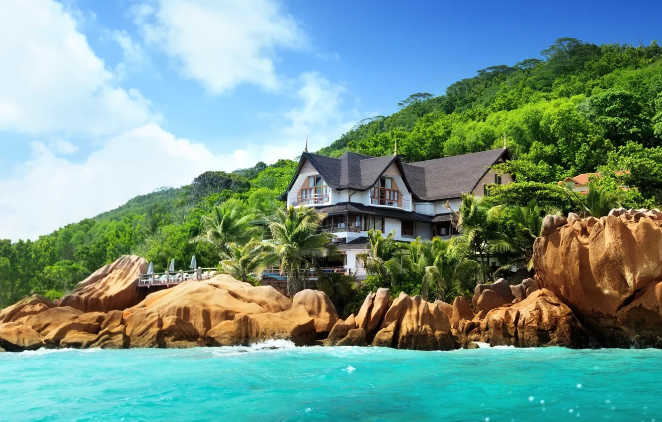 Фото обои природа, дом, камни, пальмы, океан, берег, остров, Сейшелы