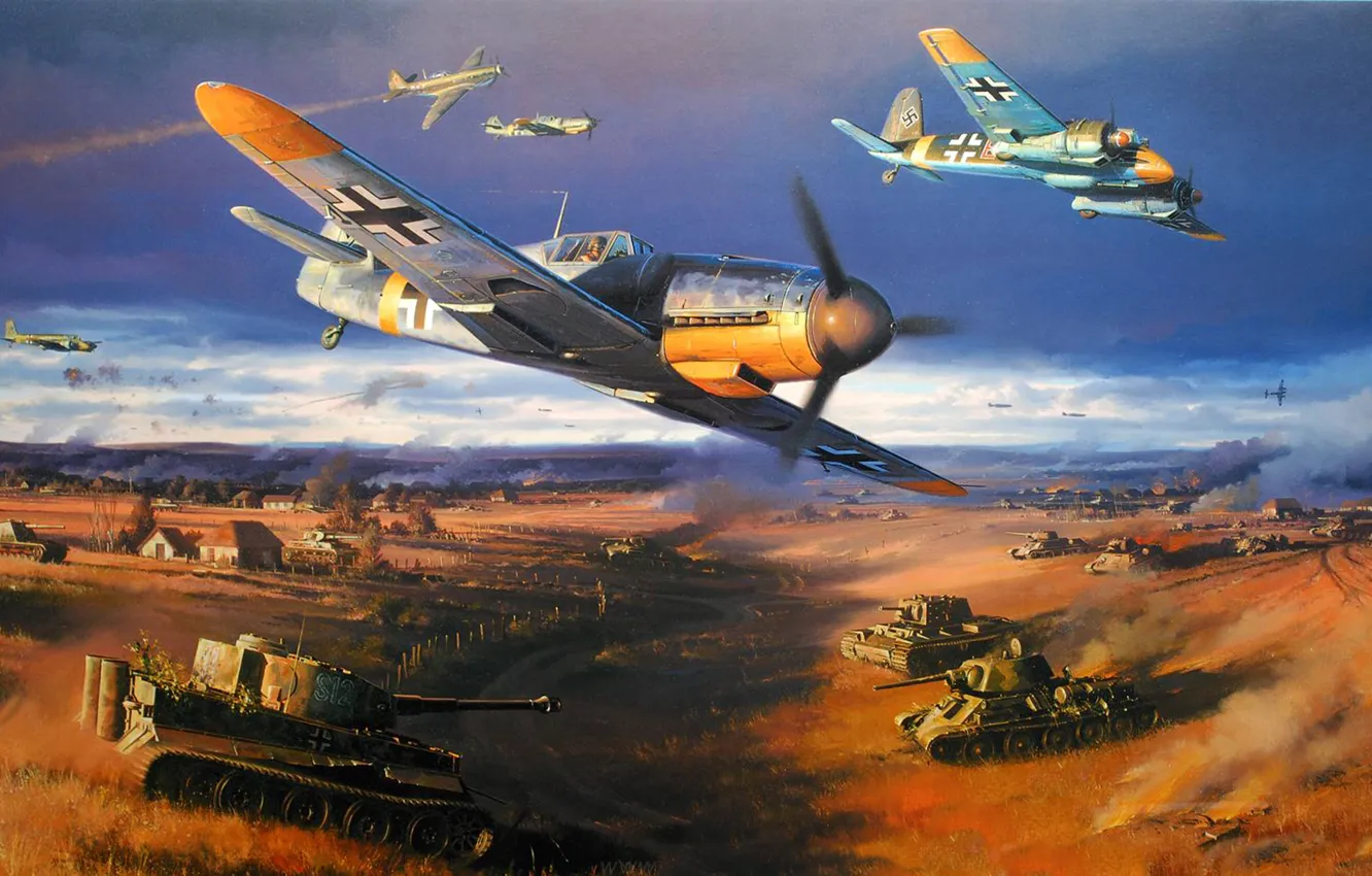 Фото обои тигр, война, рисунок, арт, истребители, танк, СССР, самолёты