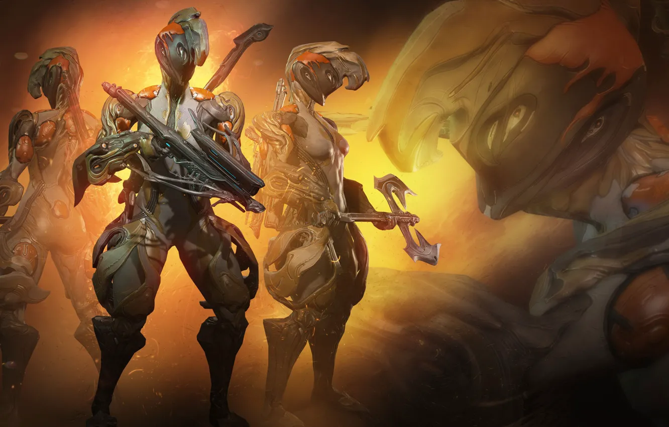 Фото обои оружие, игра, воин, броня, секира, арбалет, Warframe