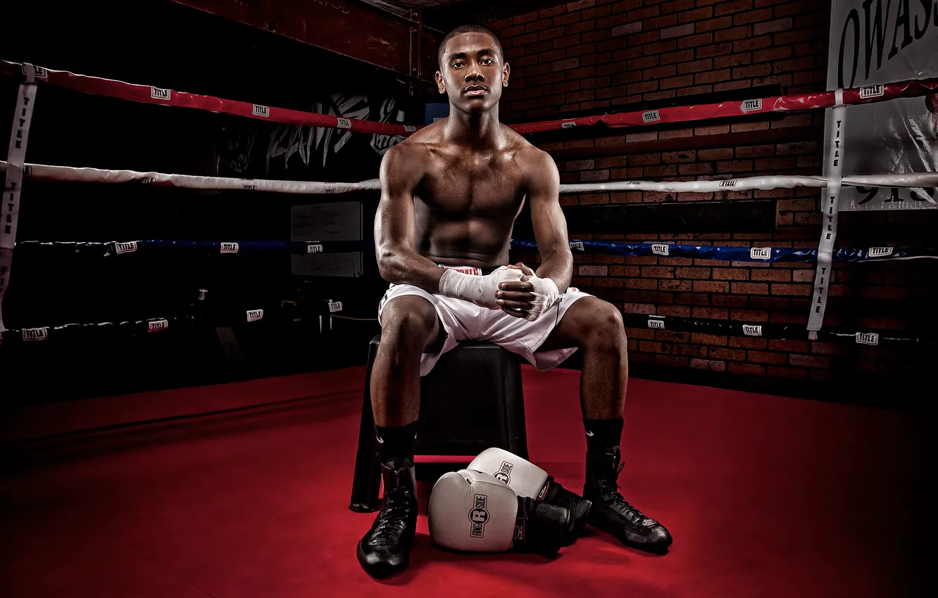 Фото обои перчатки, ринг, мышцы, темнокожий, Боксер