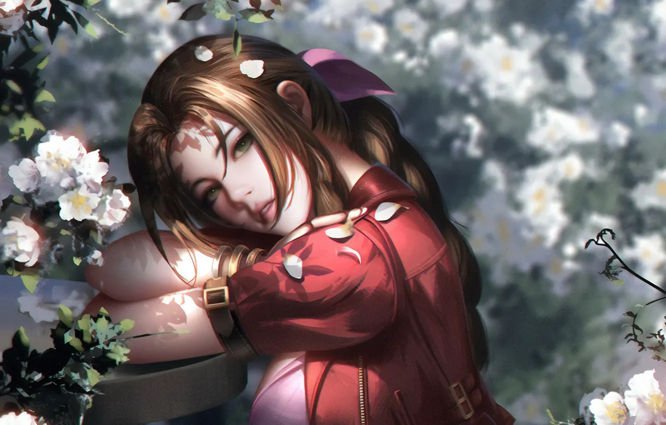 Фото обои лицо, лепестки, рыжая, Final Fantasy, красное платье, Финальная Фантазия, цветение весной, свет и тень
