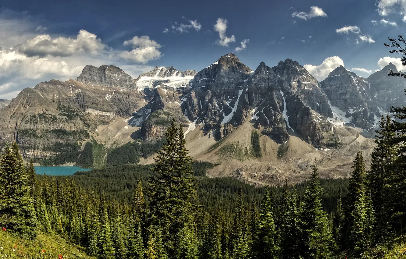 Фото обои лес, горы, озеро, панорама, Banff National Park, Alberta, Canada, Moraine Lake