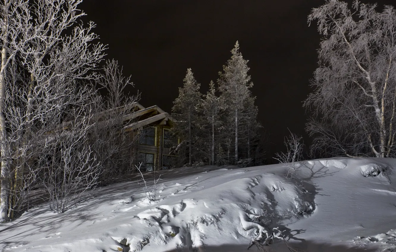 Фото обои зима, снег, ночь, дом
