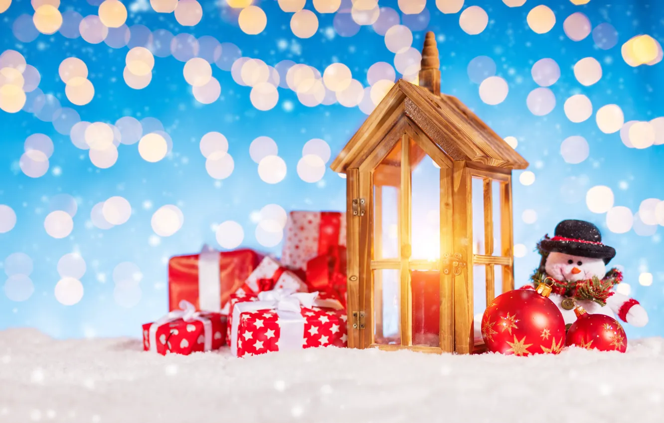 Фото обои зима, снег, украшения, снежинки, елка, Новый Год, Рождество, фонарь