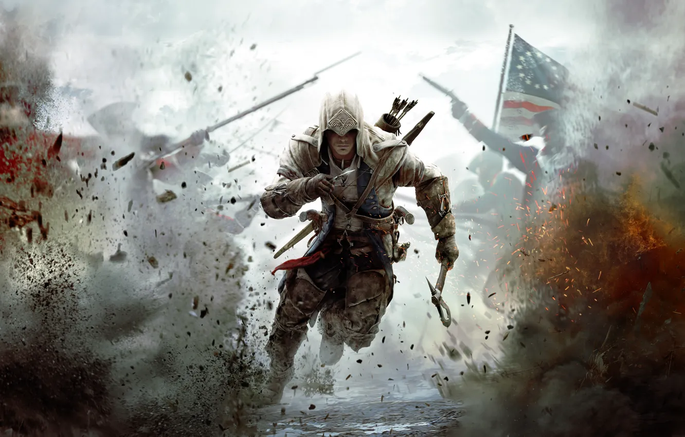Фото обои война, флаг, солдаты, америка, ассасин, Assassin's Creed III, Радунхагейду, индеец-полукровка