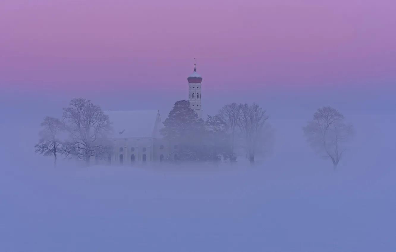 Фото обои зима, снег, Германия, Бавария, дымка, мгла, Швангау, церковь Святого Кальмана