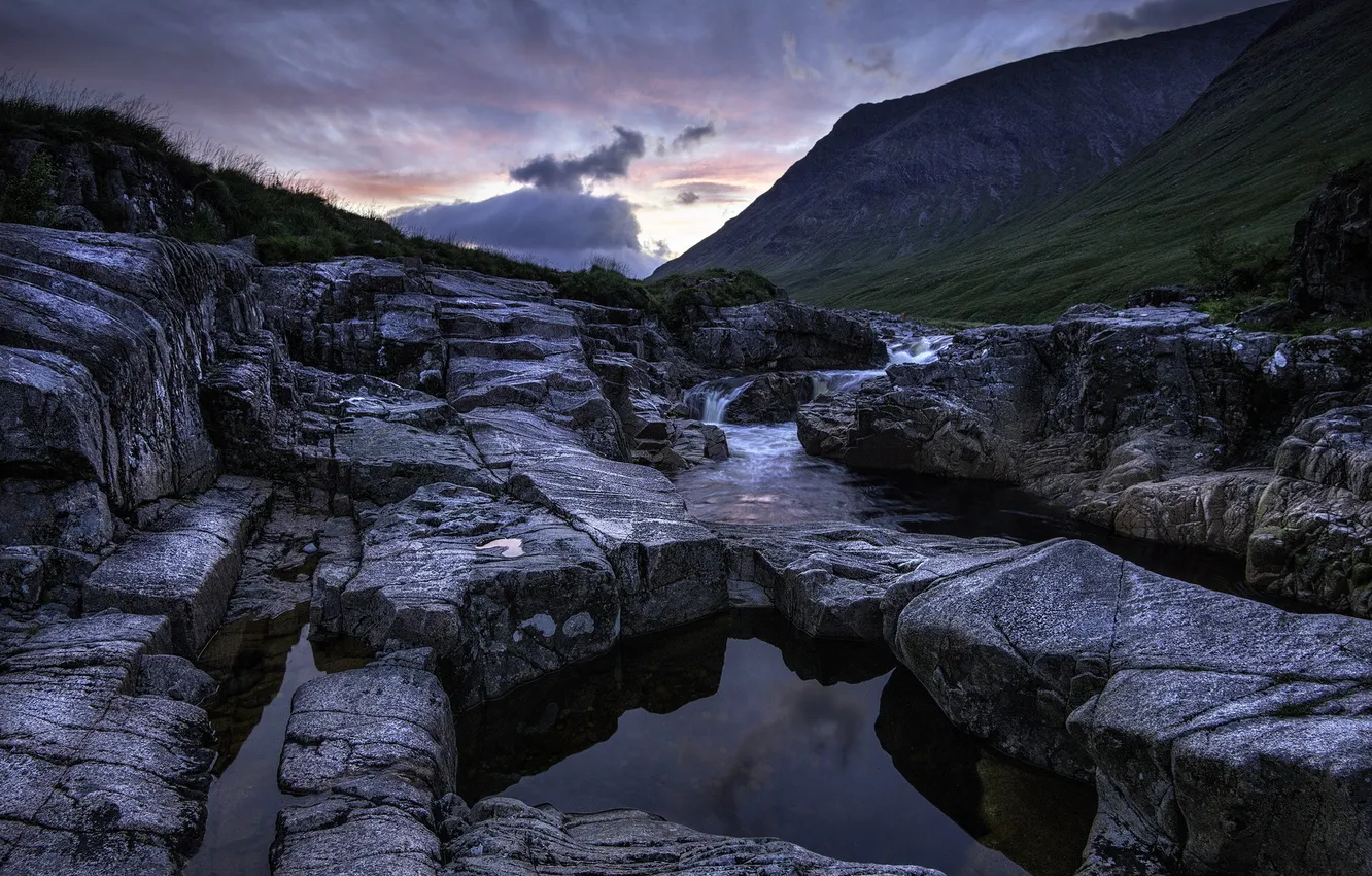 Фото обои Sunrise, Glen Etive, rockpool