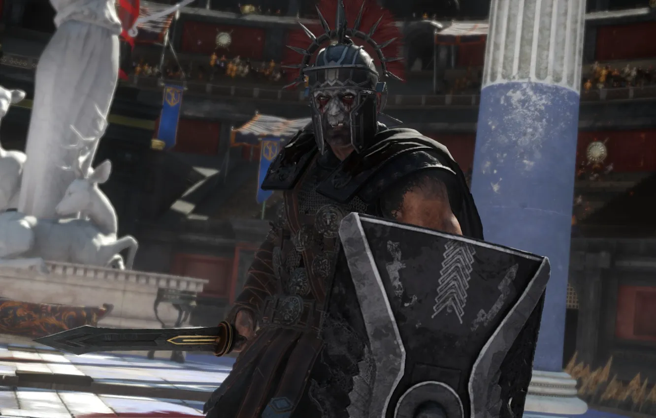 Фото обои рендеринг, фон, меч, доспехи, Рим, шлем, щит, арена
