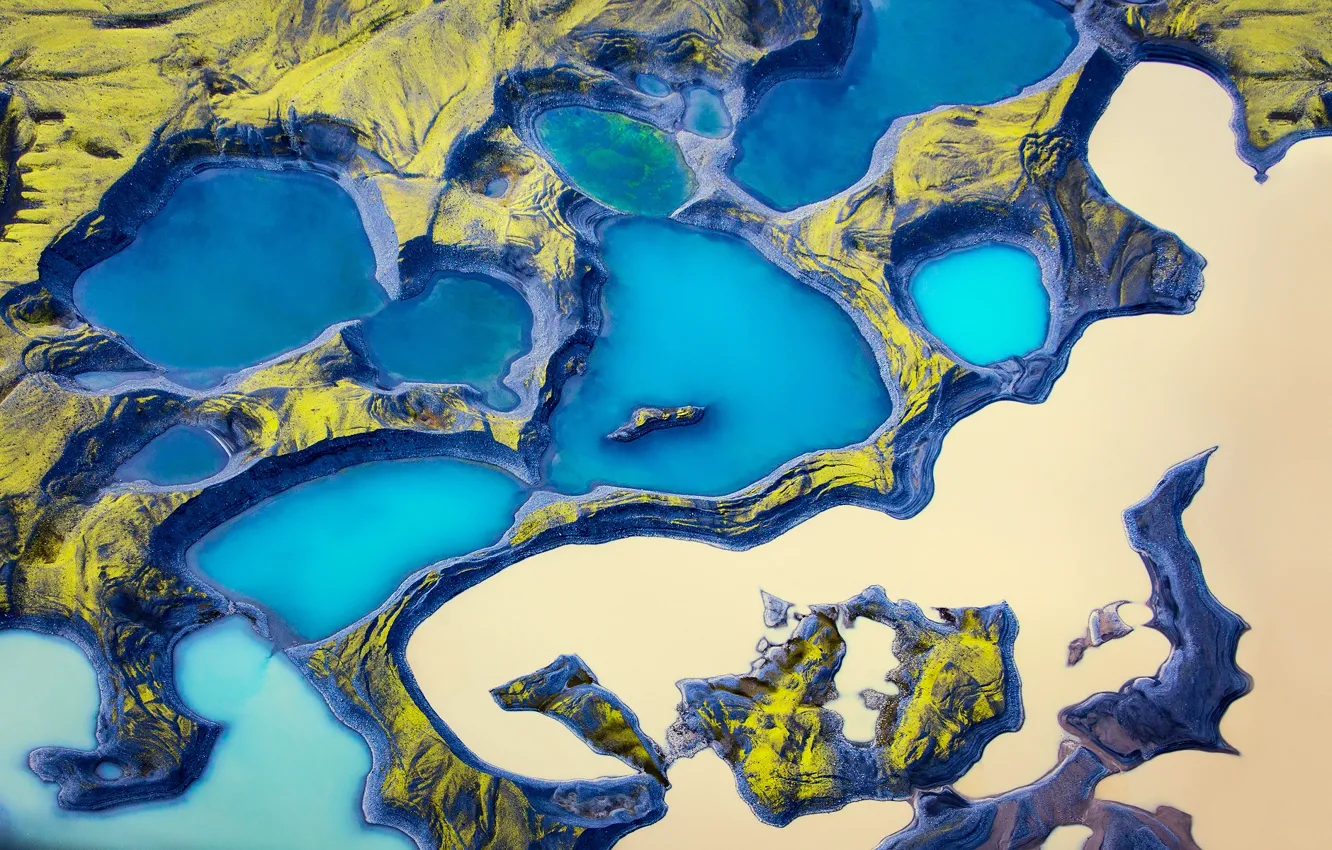 Фото обои вода, острова, природа, скалы, Исландия, вид сверху, озёра, аэрофотосъёмка