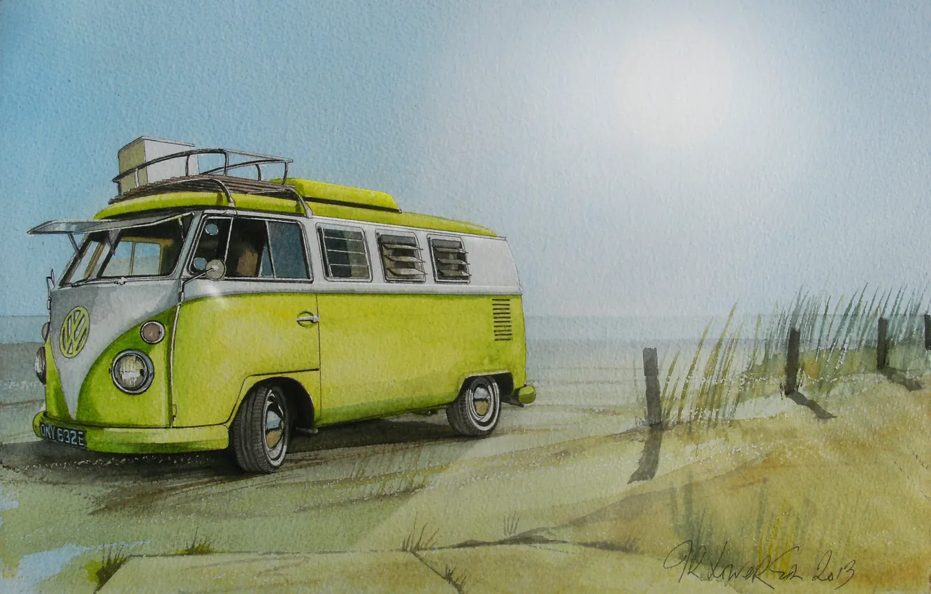 Фото обои пляж, рисунок, Volkswagen, живопись, микроавтобус, Transporter, Фольксваген, Type 2