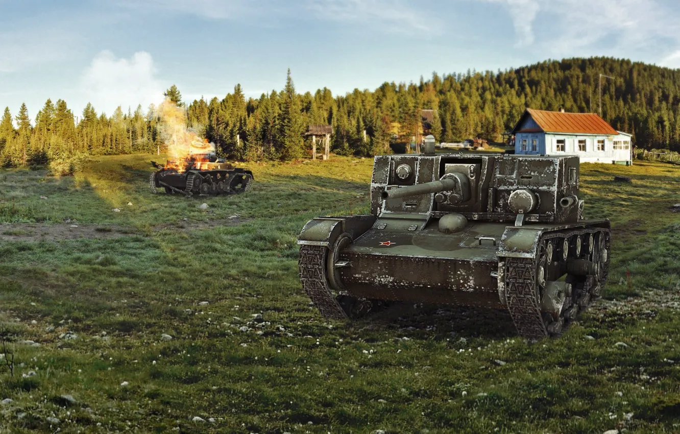 Фото обои лес, дом, арт, танк, танки, WoT, World of Tanks, пт-сау