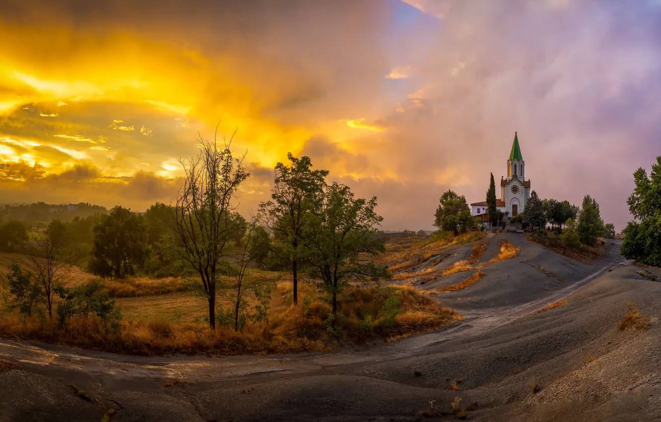 Фото обои закат, природа, храм
