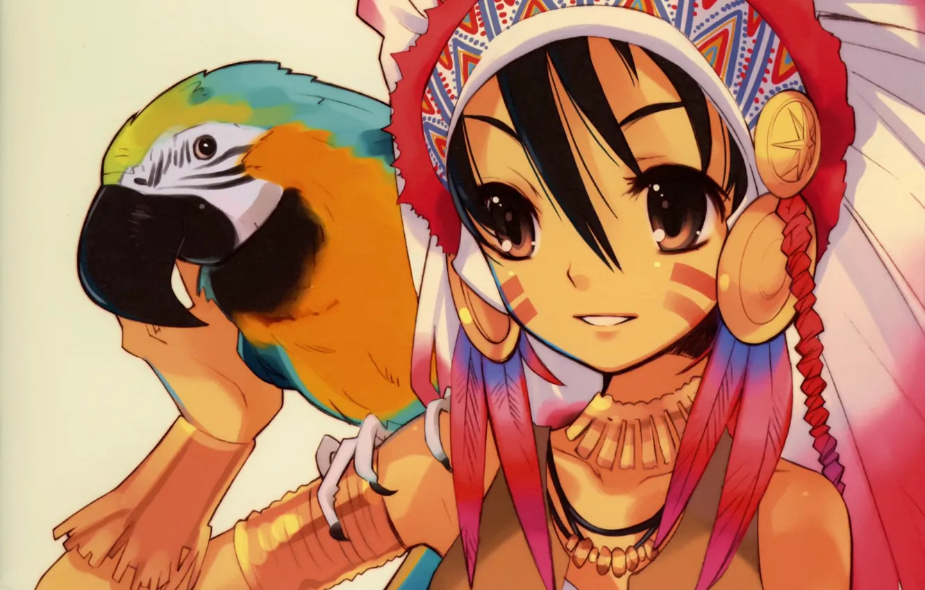 Фото обои перья, попугай, девочка, большие глаза, головной убор индейского воина, by noizi ito