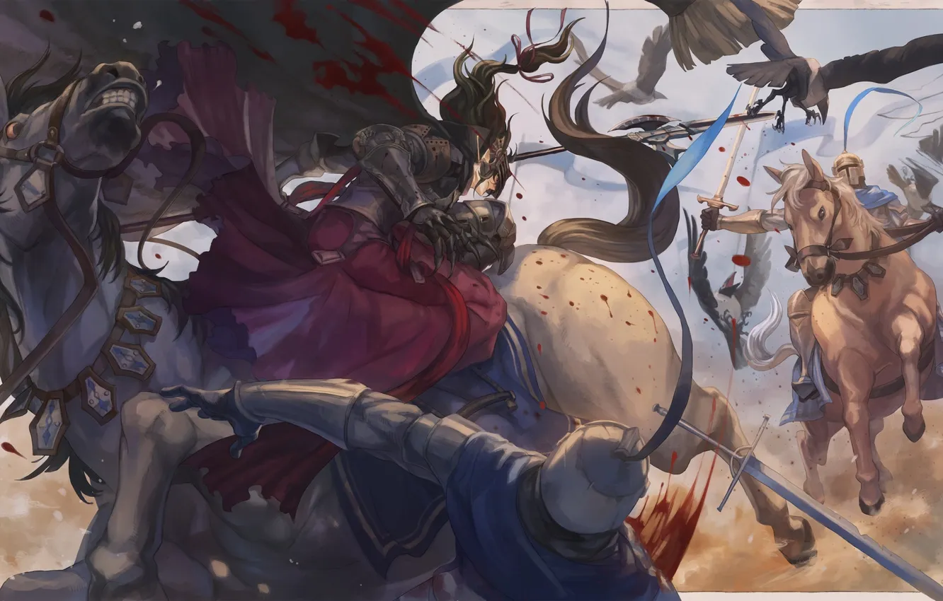 Фото обои оружие, кровь, меч, аниме, лошади, арт, битва, воины