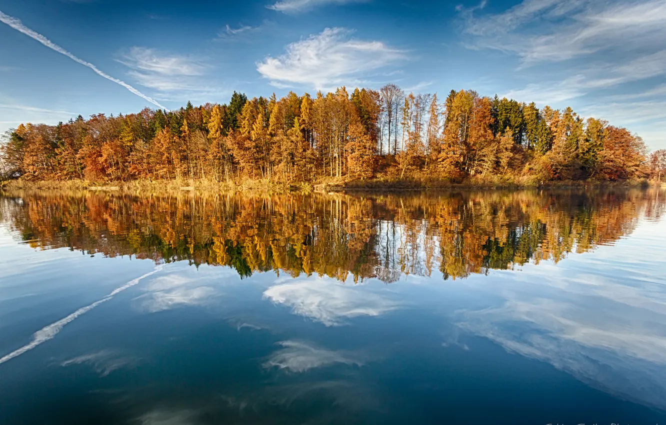 Фото обои осень, лес, озеро, отражение