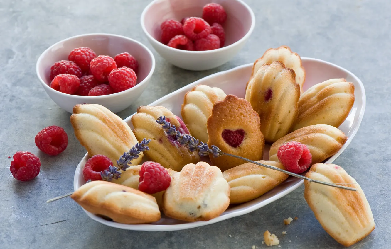 Фото обои ягоды, малина, печенье, лаванда, мадлены
