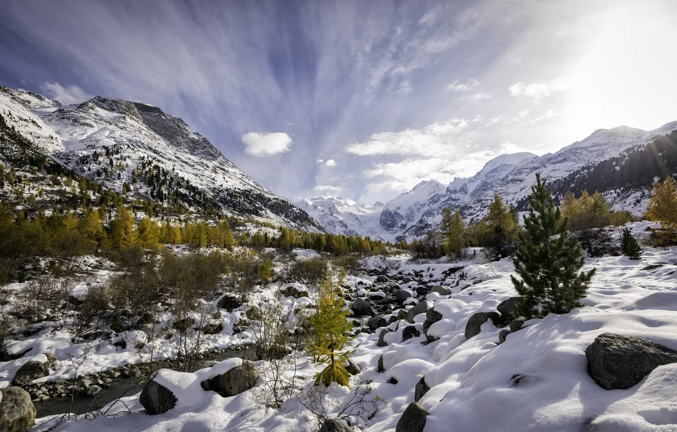 Фото обои осень, снег, деревья, горы, природа, река, ручей, Швейцария