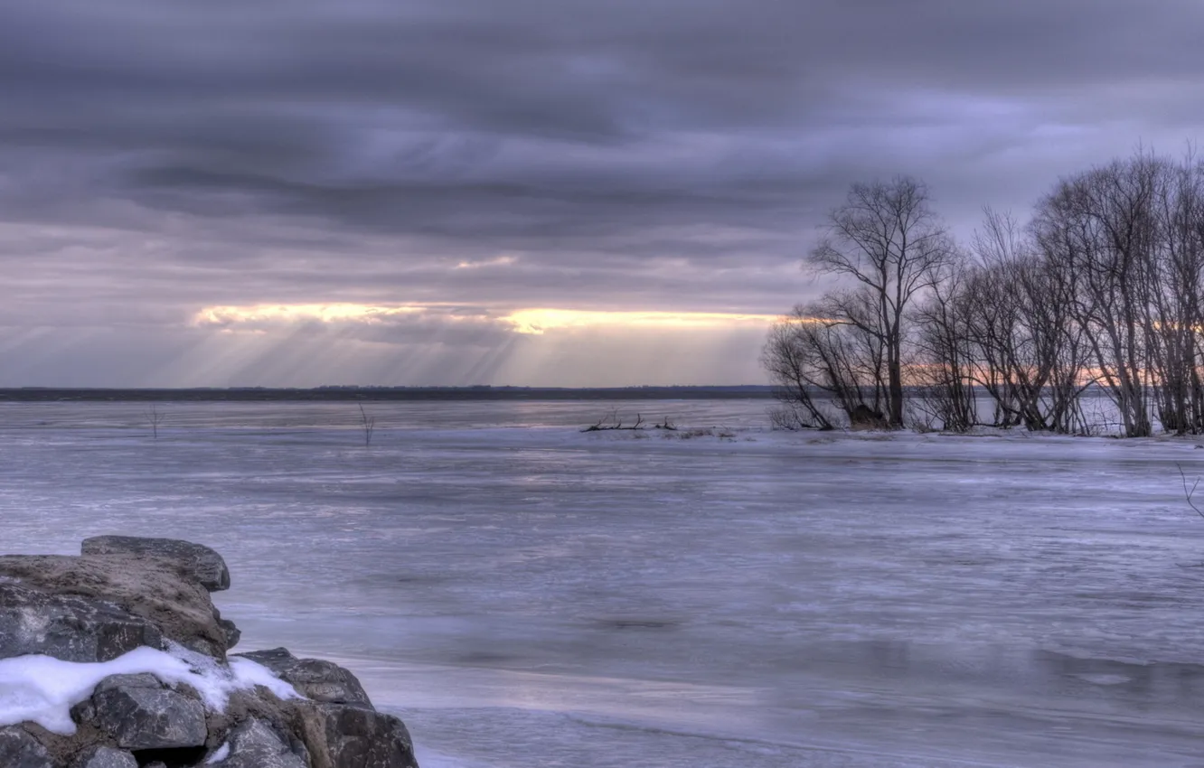 Фото обои лед, снег, деревья, закат, озеро, Зима, вечер