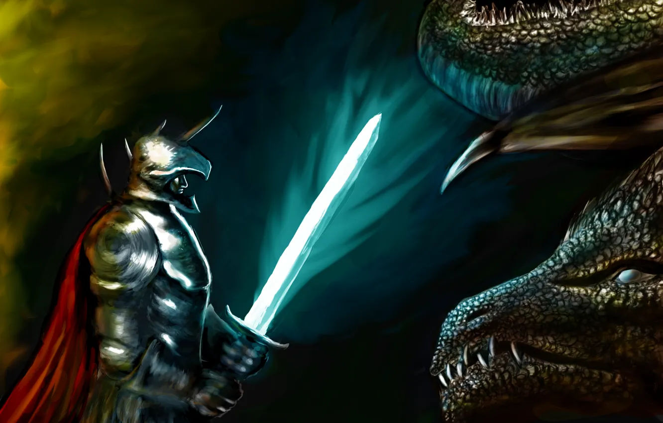 Фото обои дракон, меч, доспехи, рыцарь