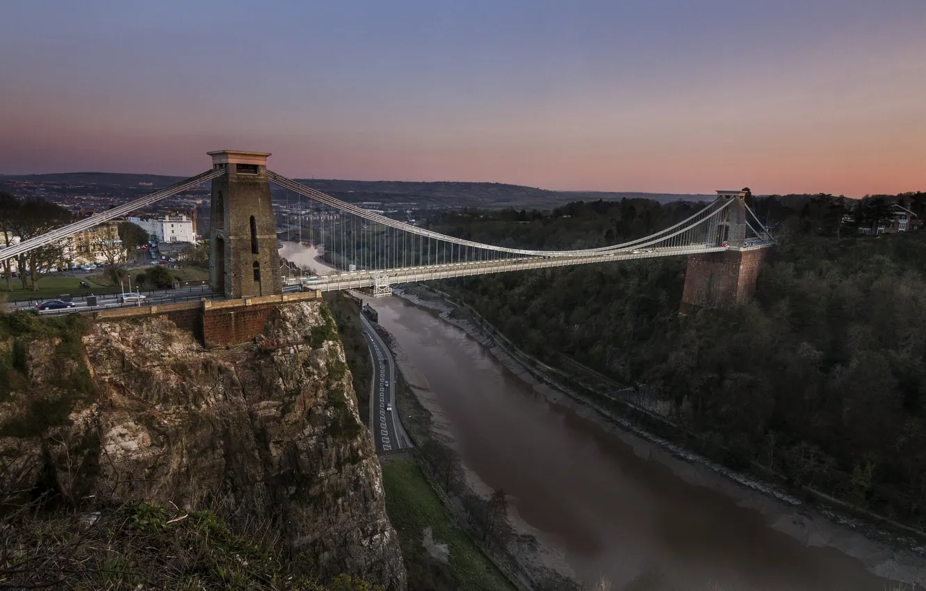Фото обои скалы, Англия, панорама, England, Bristol, Бристоль, река Эйвон, Clifton Suspension Bridge