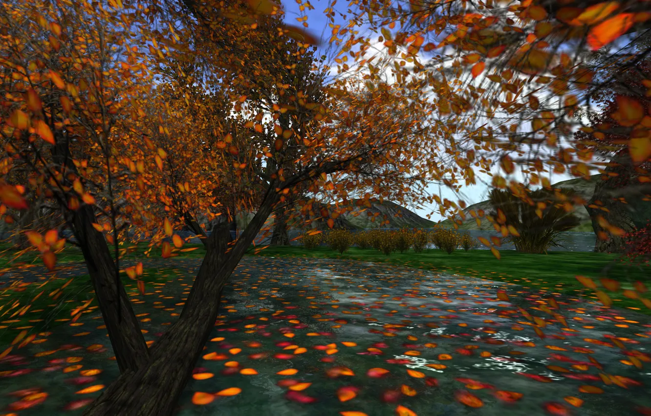 Фото обои осень, небо, листья, деревья, горы, озеро, коллаж