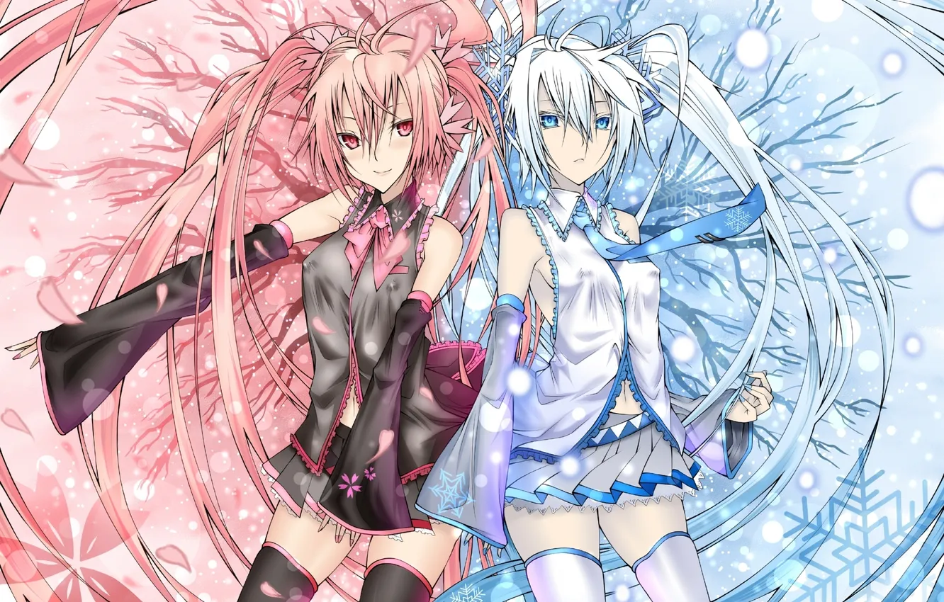 Фото обои снежинки, девушки, лепестки, vocaloid, вокалоид, sakura miku, Юки Мику