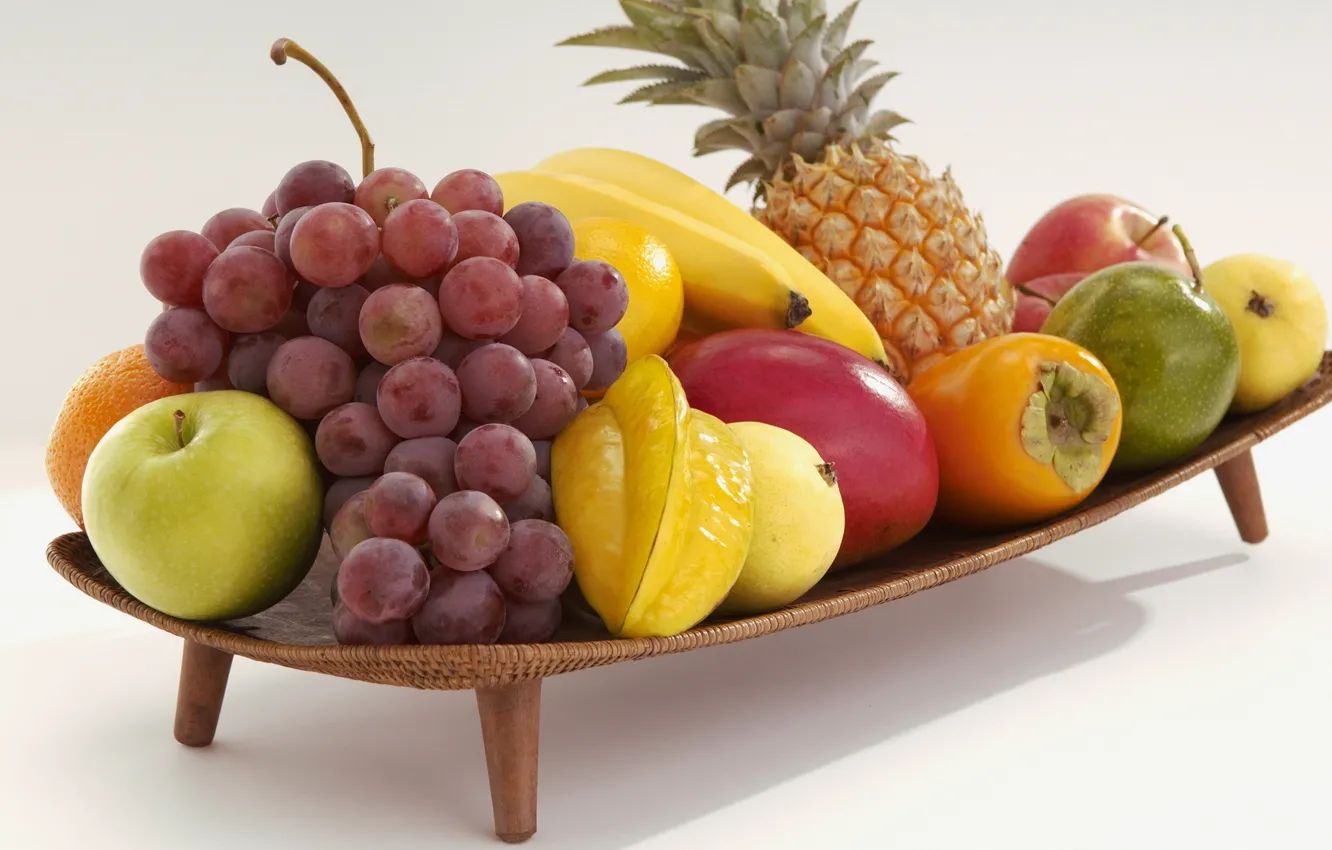 Фото обои ягоды, яблоко, виноград, бананы, фрукты, ананас, десерт